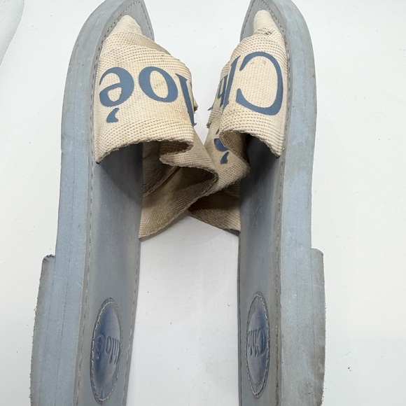 Chloé Beige Canvas Strap Blue Footbed Slide Sandals - Picture 6 of 8